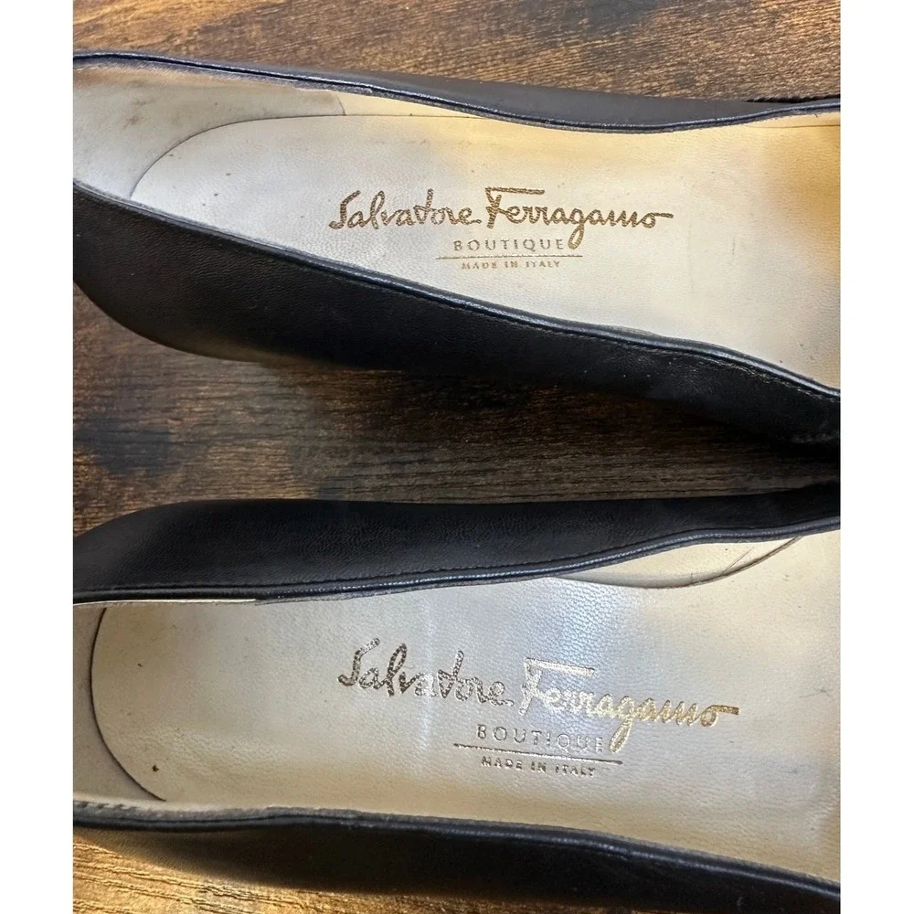 Salvatore Ferragamo Boutique Black Leather Square Toe Block Heel Pumps 6 B Italy - Picture 15 of 16
